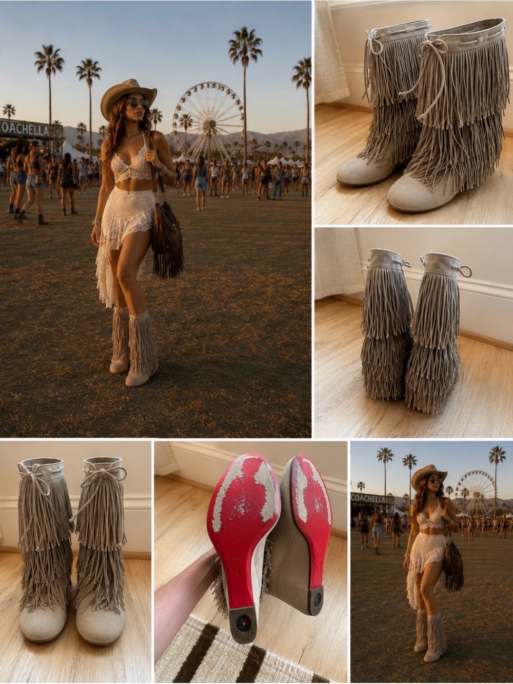 Christian Louboutin Suede Fringe Trim Wedge Boots-Taupe Beige